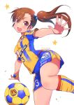  1girl ball blush breasts brown_eyes brown_hair futami_mami hair_bobbles hair_ornament highres idolmaster idolmaster_(classic) inoue_sora j._league kneehighs long_hair looking_at_viewer medium_breasts open_mouth revision shirt shorts side_ponytail simple_background smile soccer soccer_ball soccer_uniform solo sportswear star_(symbol) striped sweat vegalta_sendai white_background 