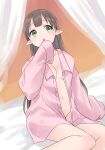  1girl :o ayumi_(princess_connect!) bed_sheet blush borrowed_clothes breasts brown_hair collared_shirt commentary_request curtains dress_shirt feet_out_of_frame green_eyes groin gucchiann highres long_hair long_sleeves naked_shirt navel open_clothes open_shirt parted_lips pink_shirt pointy_ears princess_connect! shirt sleeves_past_fingers sleeves_past_wrists small_breasts solo very_long_hair 