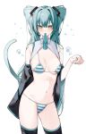  1girl aqua_eyes aqua_hair aqua_nails bare_shoulders bikini black_thighhighs blush breasts cat_tail cleavage detached_sleeves hatsune_miku highres long_hair mouth_hold navel necktie necktie_in_mouth norisukexxy paw_print simple_background solo striped_bikini striped_clothes sweatdrop swimsuit tail thighhighs twintails vocaloid white_background 