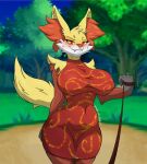  anthro bdsm big_breasts bondage bound breasts canid clothed clothing delphi_(oracle_of_delphox) delphox dominant dress female forest fur generation_6_pokemon hi_res huge_breasts looking_at_viewer mammal nintendo oracle_of_delphox plant pokemon pokemon_(species) red_clothing red_dress smile smiling_at_viewer solo tree tuft wide_hips 