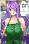  1340smile 1girl apron bangs bare_shoulders barista blurry blurry_background breasts camilla_(fire_emblem) cleavage collarbone cup dirty dirty_clothes disposable_cup english_text fire_emblem fire_emblem_fates green_apron hair_over_one_eye highres holding holding_cup holding_marker iced_latte_with_breast_milk_(meme) large_breasts large_pectorals long_hair looking_at_viewer marker meme naked_apron parted_lips pectorals pink_eyes purple_hair starbucks 