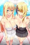  2girls asymmetrical_docking blonde_hair blue_eyes blurry blurry_background blush breast_press breasts claire_(konosuba) cleavage collarbone commentary commission darkness_(konosuba) english_commentary eyes_visible_through_hair feet_out_of_frame frills from_above hair_between_eyes hair_over_one_eye hand_on_another&#039;s_shoulder hand_on_own_thigh highres kono_subarashii_sekai_ni_shukufuku_wo! lindaroze long_hair multicolored_hair multiple_girls open_mouth paid_reward_available pleated_skirt side-by-side sidelocks skirt smile standing streaked_hair symmetrical_docking thighs twitter_username very_long_hair water web_address white_skirt 
