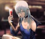  1girl absurdres alcohol bangs black_choker blue_dress blue_eyes blurry blurry_background breasts champagne champagne_flute choker cleavage commentary cup detached_sleeves dress drinking_glass earrings fate/grand_order fate_(series) green_eyes grey_hair hair_between_eyes highres jewelry long_hair looking_at_viewer morgan_le_fay_(fate) parted_lips sidelocks small_breasts smile solo strapless strapless_dress symbol-only_commentary yorukun 