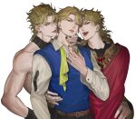  3boys :q black_nails blonde_hair bustersiri dio_brando ear_birthmark earrings holding jewelry jojo_no_kimyou_na_bouken licking licking_lips looking_at_viewer male_focus multiple_boys open_mouth phantom_blood red_eyes red_robe robe scar scar_on_neck selfcest shirt simple_background sleeveless sleeveless_shirt stardust_crusaders stitched_neck stitches sweater_vest toned toned_male tongue tongue_out vampire veins white_background white_shirt yaoi yellow_eyes 