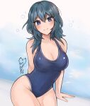  1girl alternate_costume artist_name bare_shoulders black_hair blue_eyes blue_one-piece_swimsuit blush breasts byleth_(female)_(fire_emblem) byleth_(fire_emblem) cleavage collarbone fire_emblem fire_emblem:_three_houses highres large_breasts looking_at_viewer medium_hair one-piece_swimsuit purrlucii solo swimsuit 