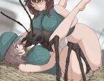  2girls ant bestiality breast_press breasts brown_hair bug gloves green_eyes hands_on_own_thighs hat hetero highres implied_sex interspecies large_breasts multiple_girls open_mouth original ryu_insect short_hair spread_legs thighs white_gloves 