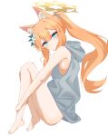  1girl absurdres animal_ear_fluff animal_ears ass barefoot blue_archive blue_eyes blush bottomless breasts cat_ears closed_mouth grey_hoodie halo highres hood hood_down hoodie kabocya_na long_hair looking_at_viewer mari_(blue_archive) no_bra orange_hair simple_background sleeveless sleeveless_hoodie small_breasts solo toes white_background yellow_halo 