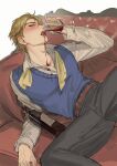  1boy alcohol blonde_hair blush bottle bustersiri couch cup dio_brando drinking drinking_glass ear_birthmark highres holding holding_cup jojo_no_kimyou_na_bouken looking_at_viewer lying male_focus on_back on_couch phantom_blood pouring red_eyes red_wine shirt simple_background solo spill spilling spread_legs sweater_vest white_background wine wine_bottle wine_glass 