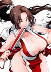  1girl breasts brown_hair cleavage fatal_fury hand_fan high_ponytail holding holding_fan large_breasts looking_at_viewer shiranui_mai simple_background smile solo takafumi_696 the_king_of_fighters thighs white_background 