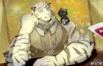  1boy 1other animal_ears arknights bara chain chain_necklace cup doctor_(arknights) drinking_glass elbow_rest forearms furry furry_male jewelry large_hands large_pectorals male_focus minboy mountain_(arknights) muscular muscular_male necklace pectorals scar scar_across_eye short_hair smile snowing solo thick_eyebrows tiger_boy tiger_ears to_shin upper_body white_hair wine_glass 