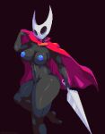 2024 2_horns areola arthropod belly black_arms black_body black_breasts black_eyes black_legs black_neck black_skin blue_areola blue_nipples breasts cloak clothed clothing digital_media_(artwork) female hi_res holding_melee_weapon holding_object holding_sword holding_weapon hollow_knight horn hornet_(hollow_knight) looking_at_viewer melee_weapon nail_(weapon) nipples non-mammal_breasts non-mammal_nipples partially_clothed popcatpixel red_cloak red_clothing simple_background solo standing sword team_cherry thick_thighs weapon