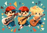  3boys baseball_cap black_hair blonde_hair blue_eyes chibi child crossover electric_guitar guitar hat hitofutarai holding holding_instrument in-franchise_crossover instrument lucas_(mother_3) male_focus mother_(game) mother_1 mother_2 mother_3 multiple_boys music ness_(mother_2) ninten open_mouth playing_instrument shirt short_hair shorts smile striped_clothes striped_shirt 