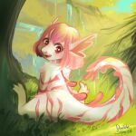  amphibian anthro blush clover_(plant) detailed_background digitigrade double_slime female fur hair kemono looking_at_viewer marine miri_(double_slime) nude paws plant salamander scalie smile soft_lighting solo tail tree waterfall 
