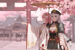  2girls :d architecture bamboo_nima bangs black_gloves black_headwear blue_eyes braid braided_ponytail cherry_blossoms chinese_commentary commentary_request dress east_asian_architecture gloves hair_between_eyes hair_ornament hair_ribbon highres holding holding_umbrella honkai_(series) honkai_impact_3rd japanese_clothes kallen_kaslana kallen_kaslana_(sixth_serenade) kimono long_hair long_sleeves looking_up multiple_girls oil-paper_umbrella open_mouth outdoors outstretched_arm petals pink_hair purple_eyes ribbon shared_umbrella smile tree umbrella wedding_dress white_hair white_kimono white_sky yae_sakura yae_sakura_(gyakushinn_miko) 