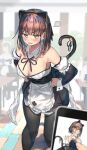  1girl absurdres anger_vein animal_ears apron bare_shoulders black_legwear breasts brown_hair cat_ears cat_tail cellphone cleavage collarbone commentary_request detached_collar fake_animal_ears grey_eyes highres holding holding_phone looking_at_viewer maid maid_apron medium_breasts original pantyhose phone pov ranf short_hair spoken_anger_vein standing tail 