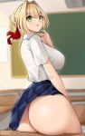  1girl :p absurdres ass blonde_hair classroom commentary_request cromwellb desk fate/extra fate/grand_order fate_(series) green_eyes hair_ribbon highres looking_at_viewer looking_back md5_mismatch nero_claudius_(fate) nero_claudius_(fate/extra) no_panties ribbon school_uniform short_hair solo tongue tongue_out 