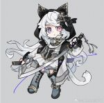  1girl animal_ear_hood animal_ears black_bow black_hood black_vest blue_footwear blue_hair boots bow cat_ears character_request chinese_commentary coat coattails collar collared_coat commentary_request copyright_request crescent_brooch cross_hair_ornament cross_print deformed expressionless fake_animal_ears full_body grey_background grid_background hair_bow hair_ornament heterochromia high_collar holding holding_sheath holding_sword holding_weapon hood hood_up hooded_coat katana knee_boots long_hair long_sleeves looking_at_viewer miniskirt parted_lips pink_eyes pleated_skirt puffy_long_sleeves puffy_sleeves purple_eyes ruguo_wajue_jineng_kaihua sheath simple_background skirt solo sword tassel two-sided_coat two-sided_fabric very_long_hair vest weapon weibo_watermark white_coat white_collar white_hair white_skirt 