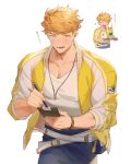  1boy apron bara belt blonde_hair blue_apron bracelet closed_eyes granblue_fantasy green_eyes higashigunkan holding holding_pen holding_tray jacket jewelry large_pectorals male_focus muscular muscular_male necklace official_alternate_costume open_mouth pectorals pen short_hair smile solo tank_top translation_request tray vane_(granblue_fantasy) waist_apron white_belt white_jacket white_tank_top yellow_jacket 