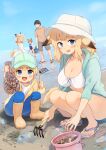  2boys 3girls animal_ears batta_(kanzume_quality) beach bikini black_hair blonde_hair blue_eyes blue_one-piece_swimsuit blue_sky blush boots breasts bucket bucket_hat child clam clam_digging cleavage day dress ears_through_headwear fox_ears fox_girl hat holding kitsune_no_oyome-chan looking_at_viewer medium_hair multiple_boys multiple_girls one-piece_swimsuit open_mouth ponytail puddle raccoon_ears raccoon_girl raccoon_tail sandals short_hair sky squatting standing sun_hat swimsuit tail toes water white_bikini white_dress white_hat 