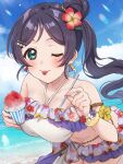  1girl :p absurdres alternate_hairstyle beach bikini birthday blue_sky blush breasts cloud cloudy_sky collarbone commentary earrings green_eyes highres jewelry kyaku_tasu large_breasts looking_at_viewer love_live! love_live!_school_idol_project one_eye_closed purple_hair signature sky solo swimsuit tojo_nozomi tongue tongue_out 