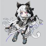 1girl animal_ear_hood animal_ears black_bow black_hood black_vest blue_footwear blue_hair boots bow cat_ears character_request coat coattails collar collared_coat copyright_request crescent_brooch cross_hair_ornament cross_print deformed expressionless fake_animal_ears full_body grey_background grid_background hair_bow hair_ornament heterochromia high_collar highres holding holding_sheath holding_sword holding_weapon hood hood_up hooded_coat katana knee_boots long_hair long_sleeves looking_at_viewer miniskirt parted_lips pink_eyes pleated_skirt puffy_long_sleeves puffy_sleeves purple_eyes ruguo_wajue_jineng_kaihua sheath simple_background skirt solo sword tassel two-sided_coat two-sided_fabric very_long_hair vest weapon white_coat white_collar white_hair white_skirt 