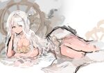  1girl blue_eyes breasts bridal_veil cleavage dress e.g.o_(project_moon) faust_(project_moon) gears hand_on_own_face highres jellying limbus_company lying project_moon short_hair solo thighs veil wedding_dress white_hair 