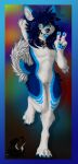  2023 absurd_res anatomically_correct anthro big_ears big_tail biped blep blue_body blue_eyes blue_fur blue_tongue canid canine canis codestrike collar collar_tag colorful_background curled curled_tail domestic_dog femboy fluffy fur hair hi_res husky jewelry long_hair looking_at_viewer male mammal nordic_sled_dog paws pose shaded simple_background soft_shading solo spitz strike tail tongue tongue_out 