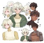  ... 2boys armor bags_under_eyes black_eyes black_hair blue_eyes chainmail chibi chibi_inset curly_hair dark-skinned_male dark_skin dungeon_meshi elf glaring gorget grey_hair highres kabru lazy_eye leather_armor long_sleeves lumpia_at_kanin male_focus mithrun multiple_boys notched_ear pauldrons pointy_ears short_hair shoulder_armor simple_background single_pauldron smile sweatdrop tunic uneven_eyes white_background wiping_mouth 