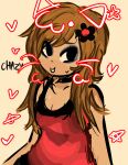  1girl artist_name bare_shoulders black_choker black_eyes black_flower breasts brown_hair character_name chazy_(spookycatzzz) choker cleavage collarbone drawn_ears drawn_whiskers dress eyeshadow flower furry furry_female hair_flower hair_ornament heart long_hair looking_to_the_side makeup non-web_source original purple_eyeshadow red_dress self-upload sepia_background simple_background solo spookycatzzz teeth upper_body 