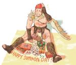  1boy bandaged_arm bandages bara bare_pectorals birthday boots box box_of_chocolates candy closed_eyes drawing_(object) food full_body gift gift_box greco-roman_clothes grin happy_birthday knee_boots lollipop male_focus male_underwear muscular muscular_male notice_lines pectorals pollux_(housamo) red_hair salute shadow short_hair single_wing sitting smile solo star_(symbol) toeless_footwear tokyo_afterschool_summoners tsuna_(so_da77) underwear wings 