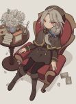  1boy aged_down armchair bad_id bad_pixiv_id beret blue_ribbon boots bottle bouquet brown_capelet brown_coat brown_footwear brown_hat brown_pants capelet chair closed_mouth coat cup drinking_glass ensemble_stars! envelope flower full_body grey_hair hair_ribbon hat highres knee_boots long_hair long_sleeves looking_at_viewer male_focus meremero pants paper petals ran_nagisa red_eyes ribbon rose sitting table vase white_flower white_rose 