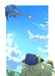  :o animal_focus blue_skin blue_sky border charizard claws cloud colored_skin commentary fire flying highres kotobukkii_(yt_lvlv) mareep no_humans outside_border pokemon pokemon_(creature) sheep sky tail white_border wings wool 