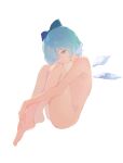  1girl aleng blue_eyes blue_hair bow cirno completely_nude full_body hair_bow highres ice ice_wings knees_to_chest looking_at_viewer nude short_hair simple_background smile solo touhou white_background wings 