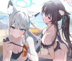  2girls animal_ear_fluff animal_ears aqua_ribbon ass bare_shoulders beach bikini black_bikini blue_archive blue_eyes blue_halo blush breasts bright_pupils cat_ears chopsticks cleavage collarbone commentary_request corn cross_hair_ornament food hair_ornament hair_ribbon halo houraku large_breasts mismatched_pupils multiple_girls open_mouth outdoors parted_lips pink_halo red_eyes ribbon serika_(blue_archive) serika_(swimsuit)_(blue_archive) shiroko_(blue_archive) shiroko_(swimsuit)_(blue_archive) swimsuit white_pupils 