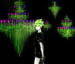  1other androgynous arms_behind_back chandelier cowboy_shot crystal_hair floating_hair from_side gem_uniform_(houseki_no_kuni) green_diamond_(houseki_no_kuni) green_hair green_nails green_theme hair_between_eyes highres houseki_no_kuni looking_at_viewer looking_to_the_side other_focus own_hands_together puffy_short_sleeves puffy_sleeves red_hair short_hair short_sleeves smile solo sparkle tezo_(mokka_mk) 
