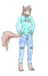 absurd_res ambiguous_gender anthro bottomwear canid canine canis clothed clothing colored_pencil_(artwork) denim denim_bottomwear denim_clothing frenzy657 hand_in_pocket heterochromia hi_res hoodie humanoid jeans mammal natani pants pockets simple_background sketch solo teal_clothing topwear torn_bottomwear torn_clothing torn_jeans torn_pants traditional_media_(artwork) trans_(lore) twokinds white_background wolf