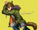  1boy absurdres animal_ears brown_hair closed_mouth cuffs denim english_text fang fur-trimmed_jacket fur_trim green_eyes green_jacket hair_between_eyes handcuffs highres invisible_chair isoi_reiji iuew jacket jeans kemonomimi_mode long_sleeves male_focus open_clothes open_jacket pants red_shirt saibou_shinkyoku shirt short_hair simple_background sitting solo tail torn_clothes torn_jeans torn_pants two-sided_fabric two-sided_jacket white_shirt wolf_boy wolf_ears wolf_tail yellow_background 