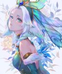  1girl bare_shoulders breasts detached_sleeves faerie_court_lillia flower from_side gem green_eyes green_shirt hair_ornament highres league_of_legends lillia_(league_of_legends) long_hair medium_breasts nyaamen_fork shirt solo teeth twintails upper_body white_hair wings 