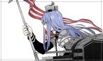  1girl american_flag bangs blue_hair commentary english_commentary flag from_side fujinoki_(horonabe-ken) greyscale headgear holding holding_flag kantai_collection long_hair long_sleeves monochrome multicolored_hair parted_lips profile red_hair rigging sidelocks simple_background solo south_dakota_(kancolle) spot_color star_(symbol) upper_body white_hair 