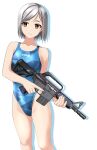  1girl absurdres ar-15 assault_rifle blue_one-piece_swimsuit breasts brown_eyes camouflage clothes_writing commentary_request competition_swimsuit feet_out_of_frame grey_hair gun highleg highleg_swimsuit highres holding holding_gun holding_weapon one-piece_swimsuit original rifle short_hair simple_background small_breasts solo standing swimsuit takafumi translation_request trigger_discipline variant_set weapon white_background 