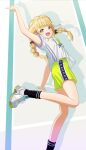  1girl at_kiwi bare_arms bare_legs black_socks blonde_hair blush braid breasts commentary fang fujita_kotone gakuen_idolmaster idolmaster long_hair looking_to_the_side outstretched_arms shirt shoes short_sleeves shorts small_breasts smile sneakers socks solo twin_braids white_shirt 
