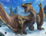  bearluxe blue_sky claws highres monster monster_hunter_(series) mountain no_humans open_mouth outdoors roaring sharp_teeth sky snow spikes teeth tigrex wings 