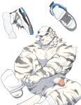  1boy animal_ears anus arknights bara baseball_cap chest_tuft completely_nude dressing fang fang_out furry furry_male half-erect hat huge_eyebrows large_pectorals male_focus mountain_(arknights) muscular muscular_male nude pectorals penis scar scar_across_eye shoes short_hair sneakers socks solo spread_legs thick_eyebrows tiger_boy tiger_ears uncensored weisun_(leoooliooon) white_hair 
