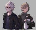  2boys ahoge aran_sweater bangs_pinned_back black-framed_eyewear black_jacket black_sweater brown_hair commentary_request cropped_torso cross cross_earrings earrings fangs glasses grey_background grey_eyes grey_hair grey_sweater hair_ornament hairclip highres jacket jewelry kanae_(nijisanji) kuzuha_(nijisanji) long_sleeves makihitsuji male_focus mole mole_under_eye multiple_boys nijisanji object_hug open_clothes open_jacket parted_lips pointy_ears roto_(kanae) simple_background sleeves_past_wrists smile stuffed_animal stuffed_cat stuffed_toy sweater turtleneck turtleneck_sweater virtual_youtuber 