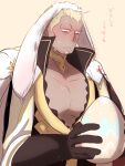  1boy animal_ears bara benny_(fire_emblem) black_gloves blonde_hair blush buzz_cut dark-skinned_male dark_skin ears_down easter easter_egg egg facial_hair fire_emblem fire_emblem_fates gloves goatee holding holding_egg kemonomimi_mode large_pectorals long_sideburns male_focus mature_male muscular muscular_male nonbiri_monban partially_unbuttoned pectoral_cleavage pectorals rabbit_boy rabbit_ears scar scar_on_face scar_on_forehead short_hair sideburns solo translation_request upper_body very_short_hair 
