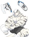  1boy absurdres animal_ears arknights bara baseball_cap dressing fang fang_out furry furry_male hat highres huge_eyebrows large_pectorals male_focus mountain_(arknights) muscular muscular_male pectorals scar scar_across_eye shoes short_hair short_shorts shorts sneakers socks solo spread_legs thick_eyebrows tiger_boy tiger_ears topless_male weisun_(leoooliooon) white_hair 