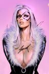  1girl black_bodysuit black_cat_(marvel) bodysuit breasts cleavage collarbone domino_mask english_commentary fur_trim grey_eyes grey_hair highres large_breasts long_hair looking_at_viewer marvel mask pink_background signature simple_background solo sozomaika spider-man_(series) upper_body 