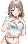 1girl absurdres blue_eyes blush bra breasts brown_hair highres lace looking_at_viewer love_live! love_live!_sunshine!! midriff panties see-through see-through_shirt shirt short_hair simple_background smile solo sunya_(honorin-yuunibo) thighs underwear watanabe_you 