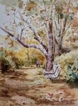  2others akemisuisai autumn autumn_leaves bench bush day fence forest highres iron_fence multiple_others nature original painting_(medium) park park_bench shadow sunlight traditional_media tree tree_shade watercolor_(medium) wooden_bench 