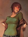  1girl absurdres belt biting_own_lip blue_eyes blush breasts briar_(gamingsentry) brown_background brown_hair collarbone covered_nipples green_shirt hair_between_eyes highres impossible_clothes impossible_shirt jacket limart looking_at_viewer medium_breasts nose_blush open_clothes open_jacket original removing_jacket shirt short_hair simple_background solo standing tan tight_clothes tight_shirt undressing upper_body 